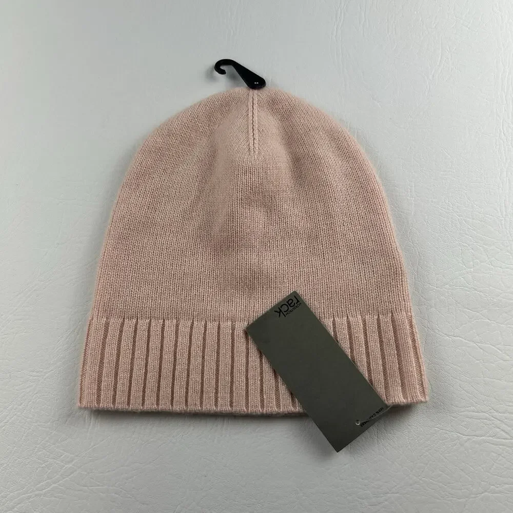 Nordstrom Rack 100% Cashmere Beanie Pink Ribbed Cuff Knit Winter Hat NWT